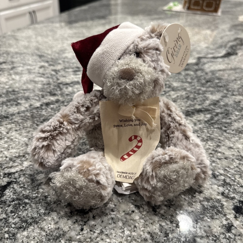 DEMDACO Christmas Giving Bear 10 In Brown Santa Beanie Surface Washable USA NWT